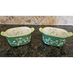 Temptations Floral Lace Design Green Oval 10oz Set Of 2 Ramekins Bakeware Dishes